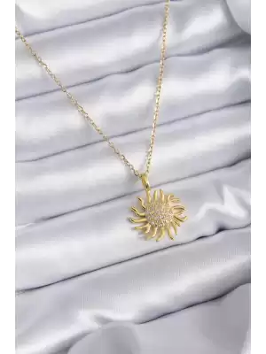 316l Çelik Zincir Gold Renk Zirkon Taşlı Güneş Model Kadın Kolye
