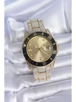 Gold Renk Metal Zirkon Taşlı Kordon Takvimli Analog Kadın Saat