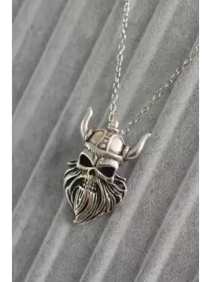 Gümüş Renk Viking Kuru Kafa Model Erkek Kolye