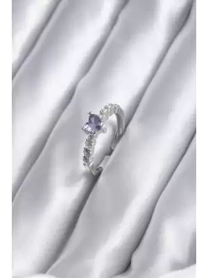 Gümüş Renk Zirkon Taşlı Mor Kristal Kalp Model Kadın Yüzük