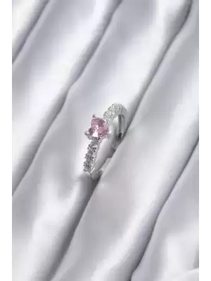 Gümüş Renk Zirkon Taşlı Pembe Kristal Kalp Model Kadın Yüzük