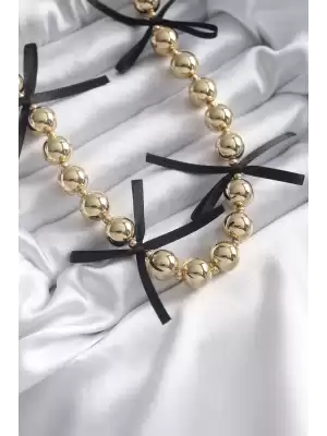 Pirinç Gold Renk Siyah Kurdele Detay Vip Kadın Kolye
