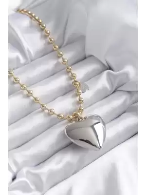 Pirinç Gold Renk Topçuk Zincir Gümüş 3d Kalp Model Vip Kadın Kolye