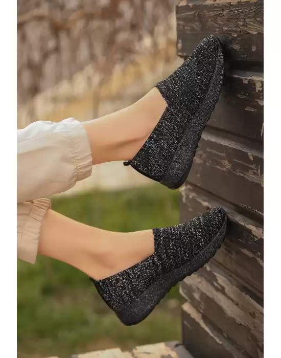 Nily Siyah Simli Triko Babet Ayakkabı