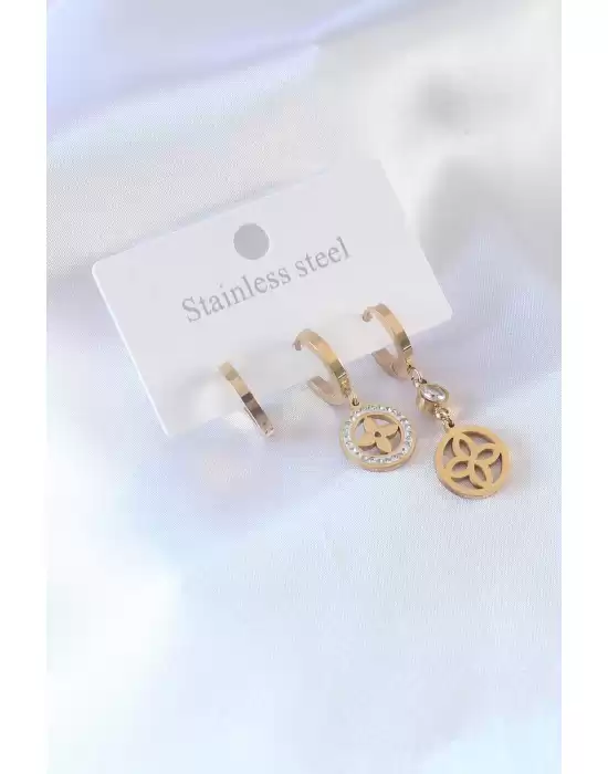 316l Çelik Gold Renk Çiçek Model Zirkon Taşlı Kadın Küpe