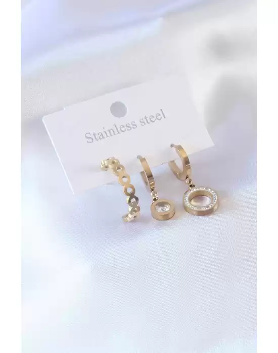 316l Çelik Gold Renk Daire Model Zirkon Taşlı Kadın Küpe