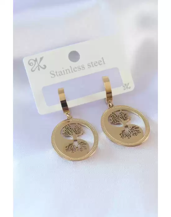 316l Çelik Gold Renk Hayat Ağacı İşleme Kadın Küpe