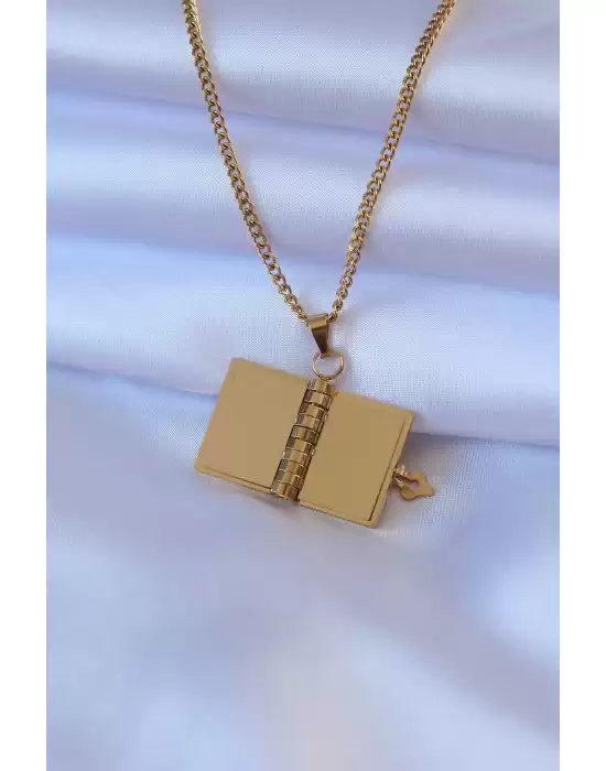 316l Çelik Gold Renk İşleme Detay Kitap Model Kadın Kolye