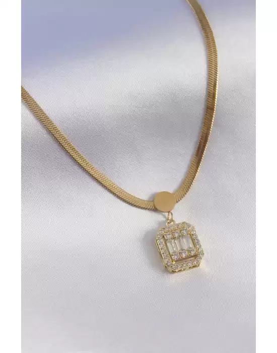 316l Çelik Gold Renk İtalyan Zincir Model Baget Zirkon Taşlı Kadın Kolye