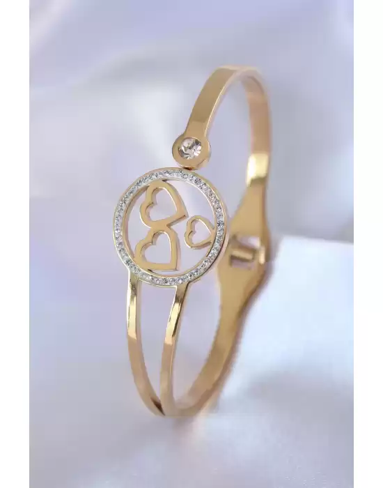 316l Çelik Gold Renk Kalp Model Zirkon Taşlı Kadın Kelepçe