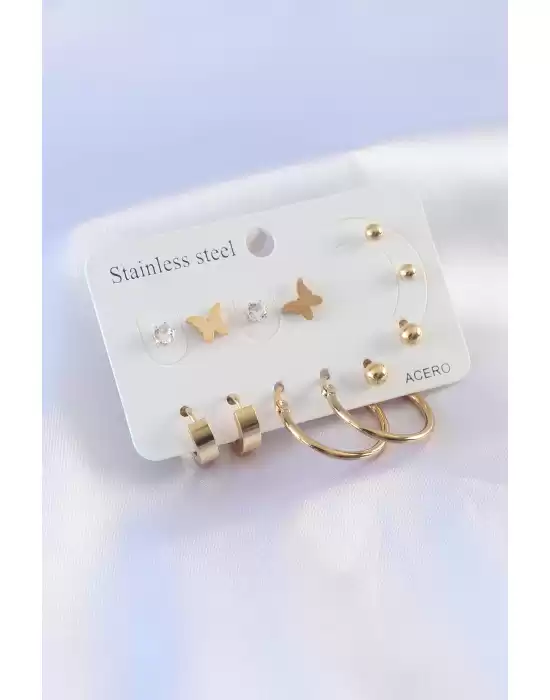 316l Çelik Gold Renk Kelebek Figür Zirkon Taşlı 6 Çift Kadın Küpe