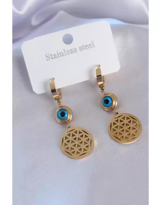 316l Çelik Gold Renk Lotus Model Nazar Boncuk Detay Kadın Küpe