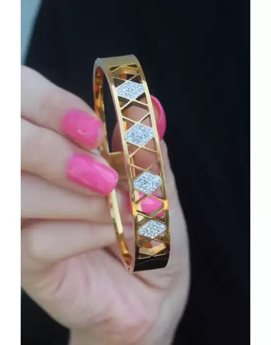 316l Çelik Gold Renk Motif Model Zirkon Taşlı Kadın Kelepçe