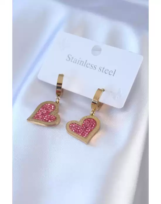 316l Çelik Gold Renk Pembe Zirkon Taşlı Kalp Model Kadın Küpe