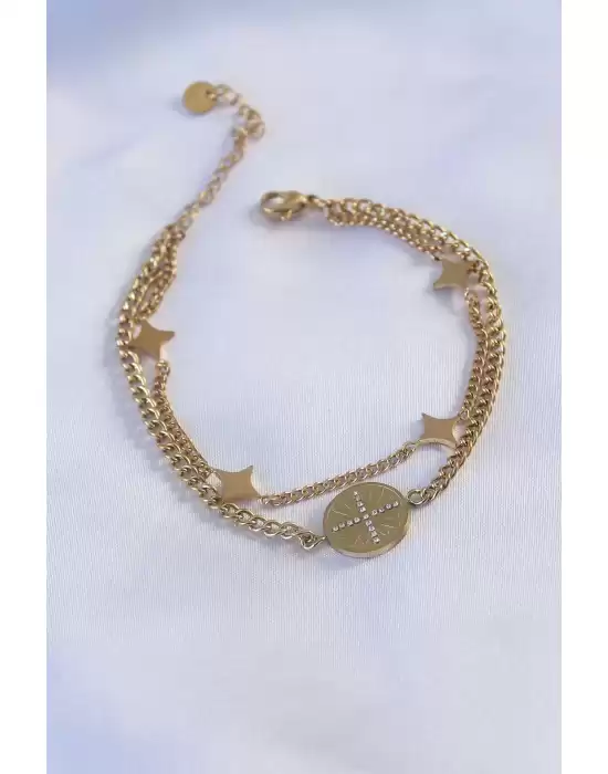 316l Çelik Gold Renk Yıldız Figür Zirkon Taş İşleme Kadın Bileklik