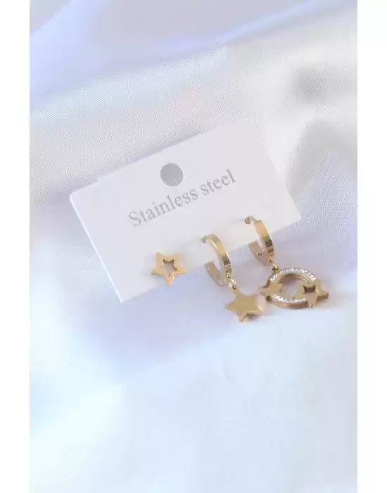 316l Çelik Gold Renk Yıldız Model Zirkon Taşlı Kadın Küpe