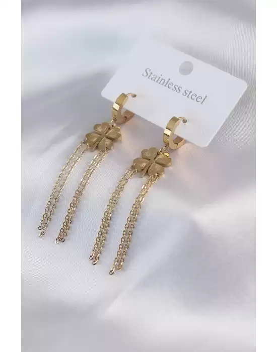316l Çelik Gold Renk Yonca Figür 3lü Sallantı Zincir Model Kadın Küpe