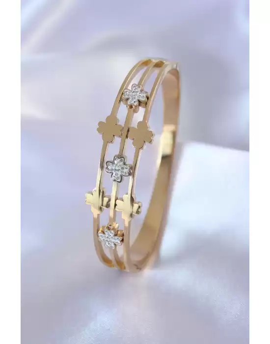 316l Çelik Gold Renk Yonca Model Zirkon Taşlı Kadın Kelepçe