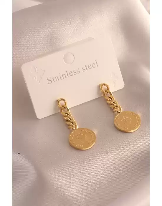 316l Çelik Gold Renk Zincir Model İşlemeli Kadın Küpe