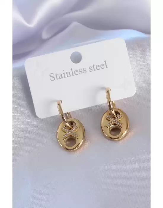 316l Çelik Gold Renk Zirkon Taşlı Kadın Küpe