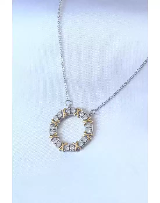 316l Çelik Gümüş Renk Zirkon Taşlı Gold Detay Xoxo Kadın Kolye