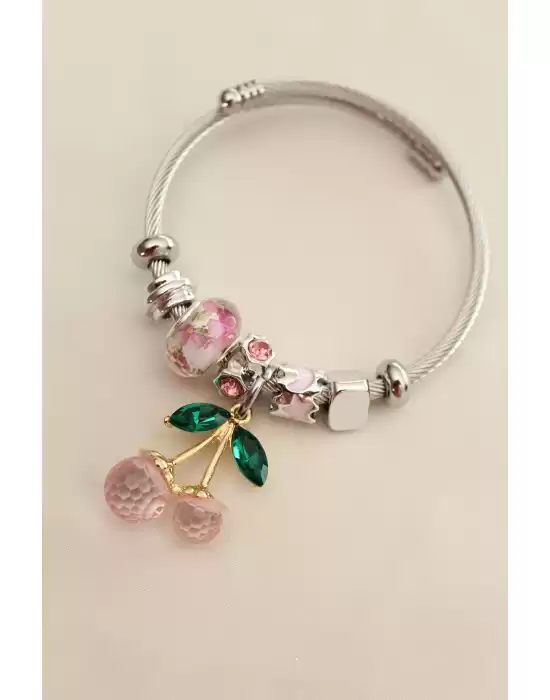 3d Pembe Renk Kiraz Model Taşlı Charm Bilezik