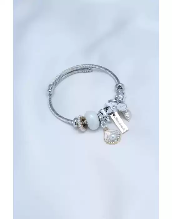 Beyaz Deniz Kabuğu Charm Model Çelik Kadın Bileklik