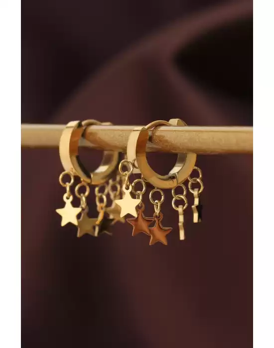 Çelik Gold Renk Minimal Çoklu Yıldız Küpe