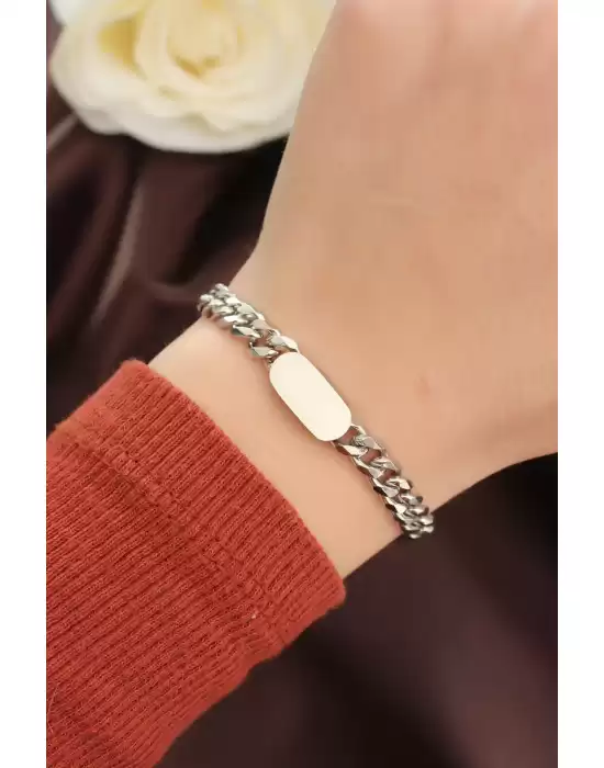 Çelik Gümüş Renk Oval Plaka Detay Zincir Bileklik