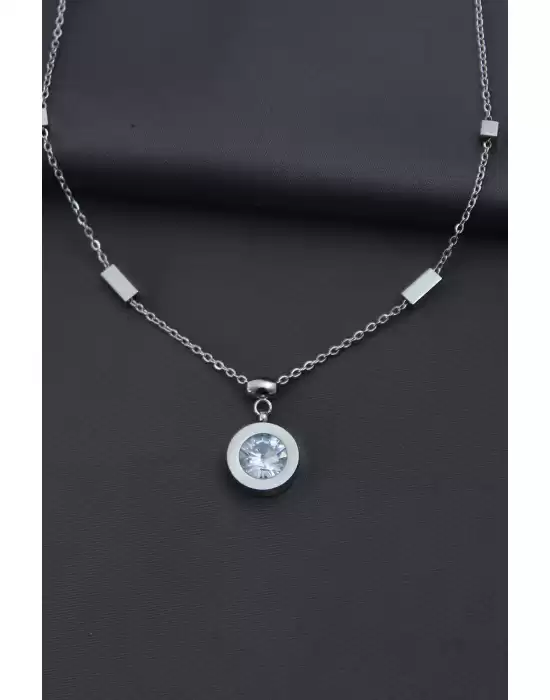 Çelik Silver Renk Kristal Taşlı Oval Tasarımlı Kadın Kolye
