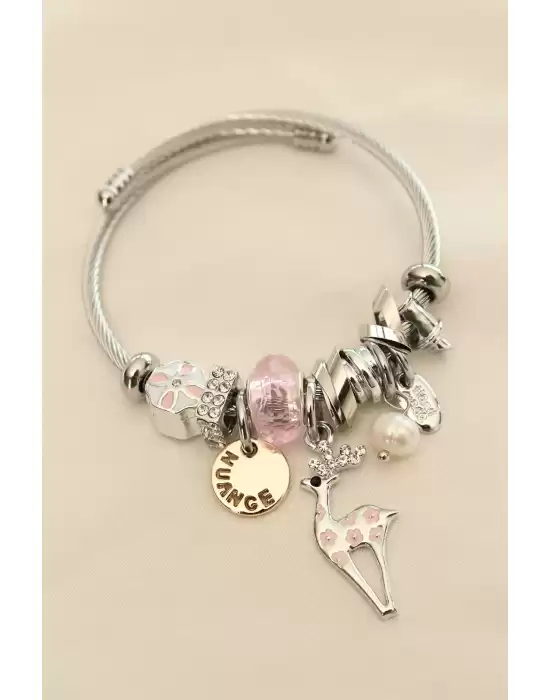 Geyik Figürlü Pembe Taşlı Charm Bilezik