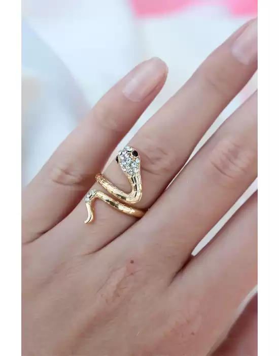 Gold Metal Ayarlamalı Taşlı Yılan Model Yüzük