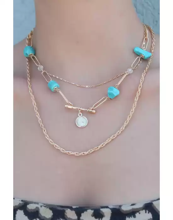 Gold Renk 3lü Mavi Taşlı Kadın Kolye