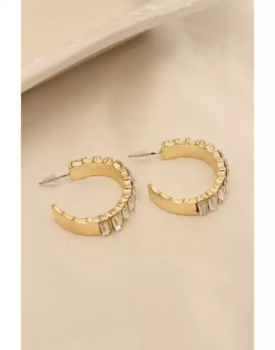 Gold Renk Baget Taşlı Kalın Halka Küpe