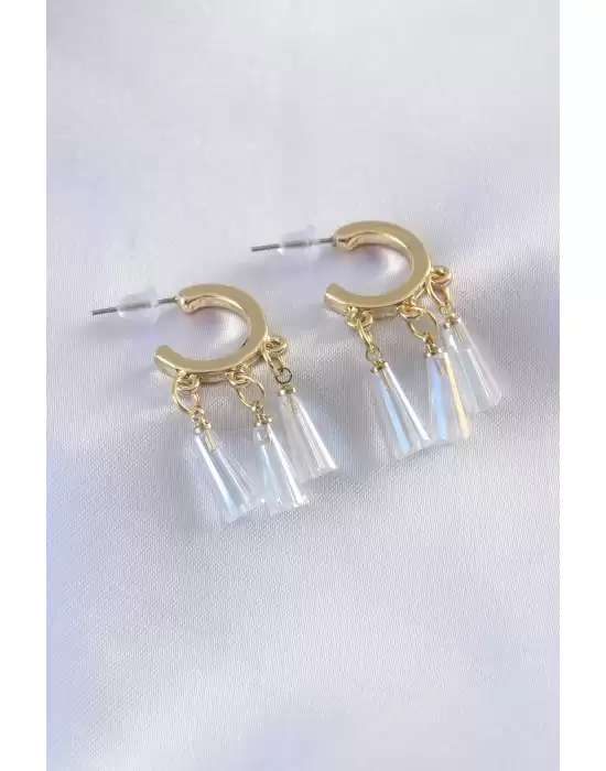 Gold Renk Beyaz Kristal Taşlı Sallantı Model Kadın Küpe