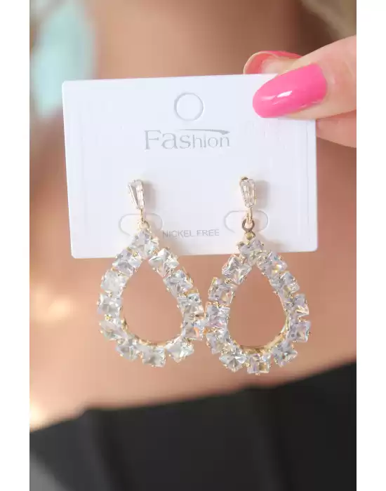 Gold Renk Damla Model Zirkon Taşlı Kadın Küpe