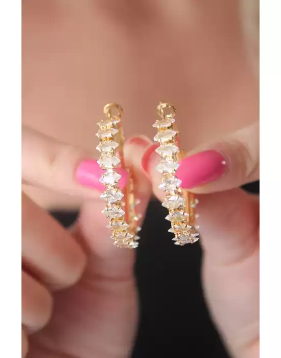 Gold Renk Halka Model Zirkon Taşlı Kadın Küpe
