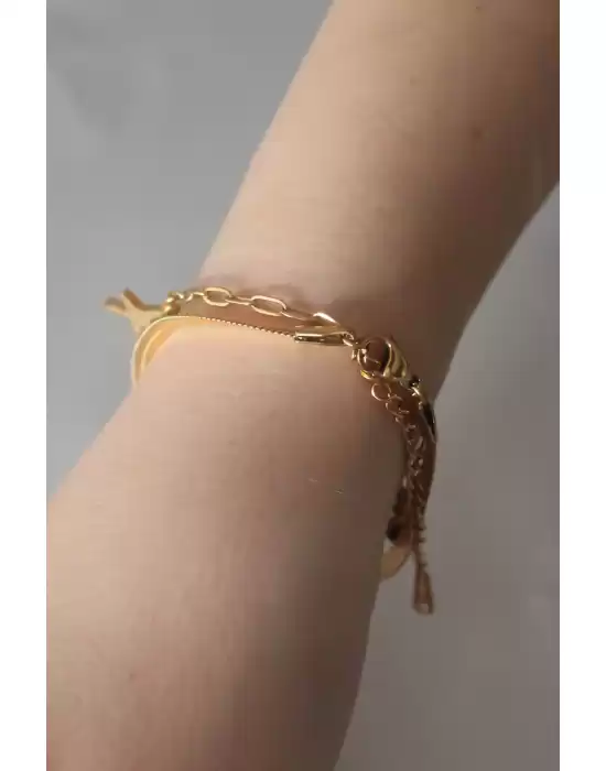 Gold Renk İkili Deniz Kabuğu Figür İnci Boncuk Detay Çelik Kadın Bileklik