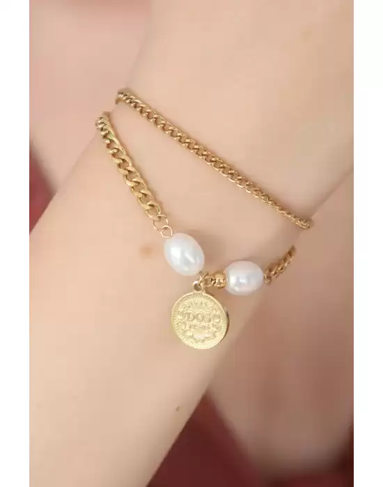 Gold Renk İncili İkili Çelik Kadın Bileklik