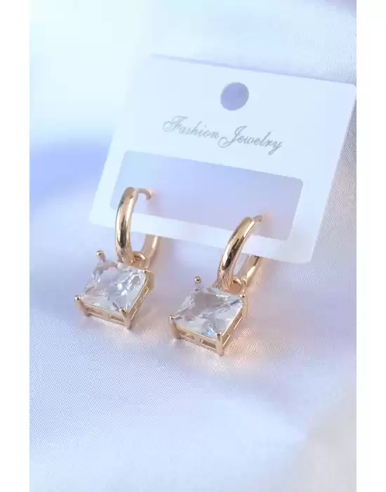 Gold Renk Kare Zirkon Taşlı Pirinç Kadın Küpe