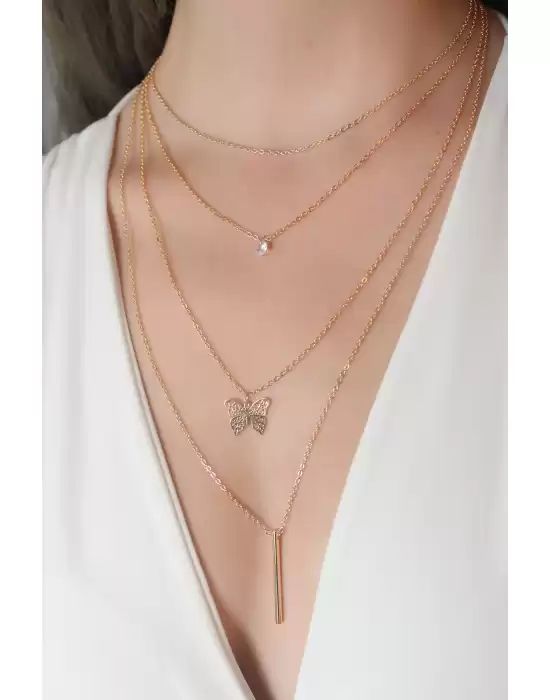 Gold Renk Kelebek Figür Zirkon Taş Detay Kadın Kolye