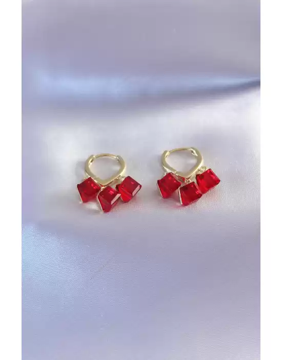 Gold Renk Kırmızı Renk Kristal Taşlı Kadın Küpe