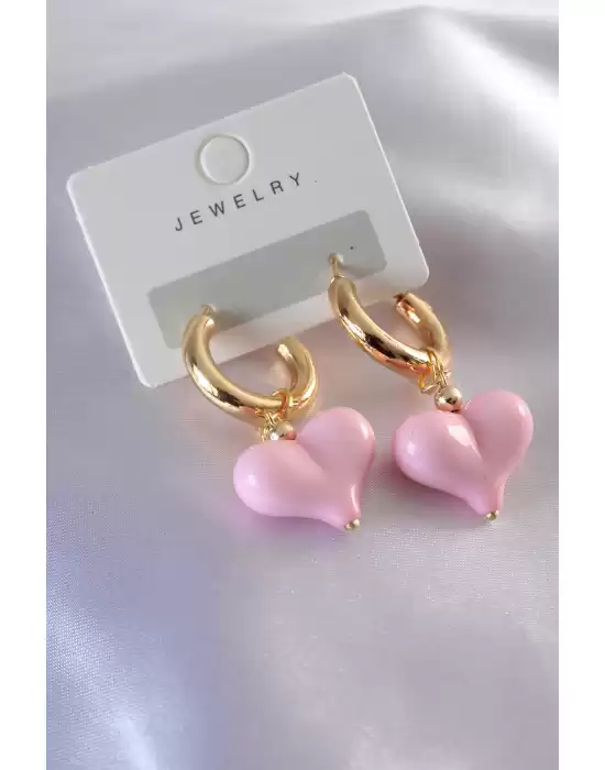 Gold Renk Pembe Kalp Model Kadın Küpe
