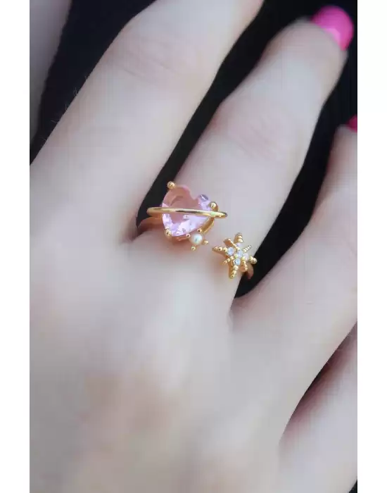Gold Renk Pembe Zirkon Taş Kalp Yıldız Detay Pirinç Kadın Yüzük
