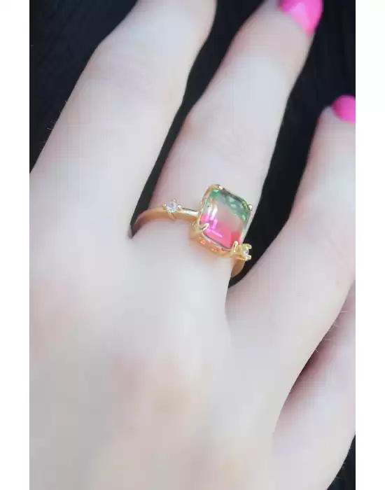 Gold Renk Renkli Zirkon Taşlı Pirinç Kadın Yüzük