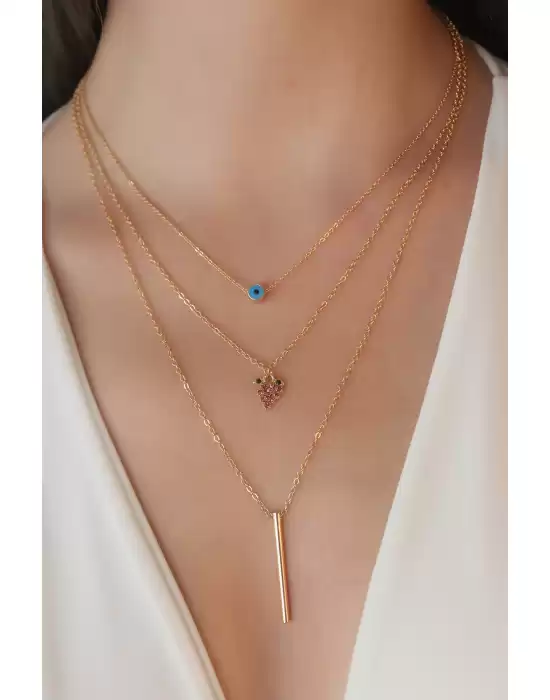 Gold Renk Üzüm Figür Nazar Boncuk Detay 3lü Kadın Kolye