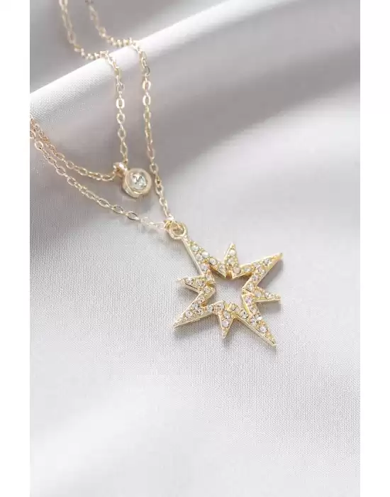 Gold Renk Zirkon Taşlı Kutup Yıldızı Kadın Kolye