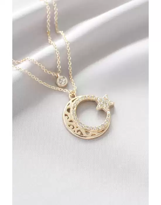 Gold Renkli Ay Yıldız Tasarımlı Kadın Kolye