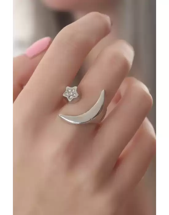 Gümüş Renk Ay Yıldız Model Zirkon Taşlı Kadın Yüzük