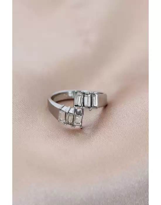 Gümüş Renk Metal Minimal Baget Taşlı Ayarlanabilir Yüzük